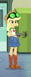 Size: 289x717 | Tagged: safe, screencap, applejack, equestria girls, equestria girls series, a queen of clubs, applejack's hat, boots, canterlot high, clothes, cowboy boots, cowboy hat, cropped, denim skirt, female, freckles, geode of super strength, goggles, grappling hook, hat, magical geodes, night vision goggles, shoes, skirt, stetson