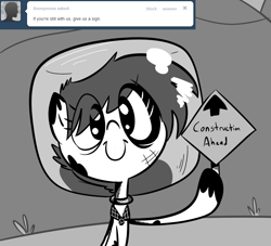 Size: 880x800 | Tagged: safe, artist:tess, oc, oc only, ask hobo pony, hobo pony, monochrome, solo, tumblr