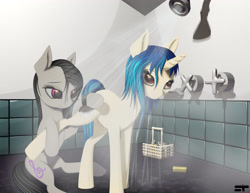 Size: 3300x2550 | Tagged: safe, artist:styroponyworks, dj pon-3, octavia melody, vinyl scratch, earth pony, pony, 3d, blender, brush, brushing, eyes on the prize, female, high res, lesbian, lifted leg, mixed media, scratchtavia, shipping, shower, soap, sponge, washing, water, wet mane