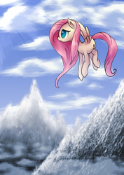 Size: 1280x1810 | Tagged: safe, artist:coma392, fluttershy, pegasus, pony, cloud, female, flying, mare, mountain, scenery, sky, solo