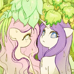 Size: 1000x1000 | Tagged: safe, artist:sigpi, fluttershy, rarity, anthro, pegasus, unicorn, duo, duo female, female, looking at you, looking back, looking back at you, mare, rain, tree