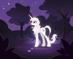 Size: 900x727 | Tagged: safe, artist:shockowaffel, butterfly, pony, unicorn, amalthea, female, mare, night, ponified, solo, the blue butterfly, the last unicorn