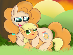 Size: 4562x3458 | Tagged: safe, artist:skyflys, applejack, pear butter, earth pony, pony, cute, female, filly, filly applejack, like mother like daughter, mother and child, mother and daughter, parent and child, snuggling, sunset, younger