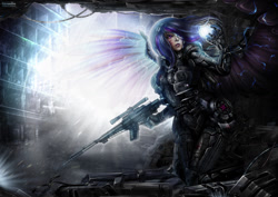 Size: 1280x905 | Tagged: safe, artist:inteaselive, derpibooru import, twilight sparkle, twilight sparkle (alicorn), alicorn, human, artificial wings, augmented, body armor, gun, humanized, mechanical wing, rifle, science fiction, solo, weapon, wings