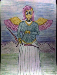 Size: 3120x4160 | Tagged: safe, artist:mildgyth, fluttershy, anthro, pegasus, :s, arrow, bow (weapon), bow and arrow, bowtie, breasts, clothes, dress, female, mountain, plump, ponytones outfit, solo, sweater, sweatershy, traditional art, two toned wings, wavy mouth, weapon, ziragshabdarverse