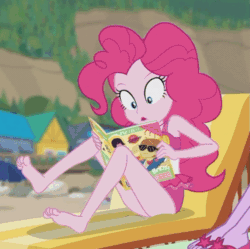 Size: 825x823 | Tagged: safe, screencap, pinkie pie, better together, equestria girls, friendship math, animated, barefoot, beach chair, clothes, cropped, cute, diapinkes, feet, gif, legs, ponk, solo, swimsuit