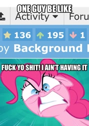 Size: 606x863 | Tagged: safe, derpibooru import, screencap, pinkie pie, earth pony, pony, derpibooru, downvote, image macro, meme, meta, solo, vulgar