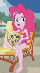 Size: 1153x2100 | Tagged: safe, screencap, feather bangs, pinkie pie, better together, equestria girls, friendship math, barefoot, beach, clothes, cropped, feet, legs, magazine, solo, swimsuit