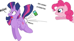 Size: 9135x5143 | Tagged: safe, artist:flutterthrash, artist:sonofaskywalker, derpibooru import, pinkie pie, twilight sparkle, twilight sparkle (alicorn), alicorn, earth pony, pony, absurd resolution, crossover, dialogue, nintendo, open mouth, parody, phone, pokéball, pokémon, pokémon go, simple background, smartphone, surprised, throwing, transparent background