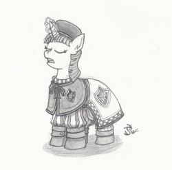 Size: 1577x1556 | Tagged: safe, artist:sensko, pony, unicorn, clothes, grayscale, mage, magic, monochrome, pencil drawing, simple background, sketch, traditional art, twilight's royal guard, white background