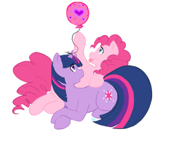 Size: 1265x1077 | Tagged: safe, artist:collaredginger, derpibooru import, pinkie pie, twilight sparkle, earth pony, pony, balloon, female, lesbian, mare, shipping, tongue out, twinkie