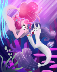 Size: 791x1000 | Tagged: safe, artist:ryuredwings, pinkie pie, rarity, seapony (g4), my little pony: the movie, :o, female, lesbian, mare, open mouth, raripie, raripiebomb, seaponified, seapony pinkie pie, seapony rarity, shipping, species swap, underwater