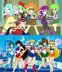 Size: 1617x1872 | Tagged: safe, screencap, applejack, cherry crash, mystery mint, paisley, scribble dee, watermelody, better together, equestria girls, a queen of clubs, applejack is not amused, background human, comparison, flower, geode of super strength, manga, meatball head, photobomb, reference, rose, sailor jupiter, sailor mars, sailor mercury, sailor moon, sailor venus, tuxedo jack, tuxedo mask, unamused