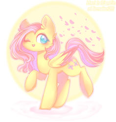 Size: 830x875 | Tagged: safe, artist:herrenaheart2005, artist:shimayaeiko, fluttershy, pegasus, pony, collaboration, cheek fluff, cute, ear fluff, female, mare, one eye closed, shyabetes, solo, two toned wings, wings, wink