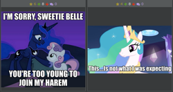 Size: 513x272 | Tagged: safe, princess celestia, princess luna, sweetie belle, alicorn, pony, derpibooru, exploitable meme, image macro, juxtaposition, juxtaposition win, meme, meta