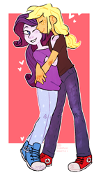 Size: 1106x1910 | Tagged: safe, artist:dystopiangraffiti, applejack, rarity, equestria girls, converse, eyes closed, female, heart, hug, kiss on the cheek, kissing, lesbian, one eye closed, rarijack, shipping, shoes, simple background, sneakers
