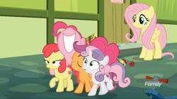 Size: 1653x926 | Tagged: safe, screencap, apple bloom, fluttershy, pinkie pie, scootaloo, sweetie belle, earth pony, pegasus, pony, unicorn, marks for effort, cutie mark crusaders, group hug, hug, nose in the air, quintet, volumetric mouth