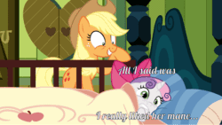 Size: 1102x620 | Tagged: safe, edit, applejack, sweetie belle, earth pony, pony, i really like her mane, text