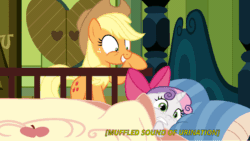 Size: 1102x620 | Tagged: safe, edit, edited screencap, screencap, applejack, sweetie belle, earth pony, pony, unicorn, bed, caption, descriptive noise, fear wetting, female, filly, implied bedwetting, implied pissing, implied wetting, mare, pillow, scared, text