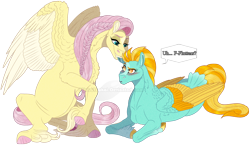 Size: 1500x869 | Tagged: safe, artist:bijutsuyoukai, fluttershy, lightning dust, pegasus, pony, blushing, ear bite, female, flutterdust (pairing), lesbian, nom, prone, shipping, simple background, transparent background, watermark