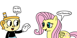 Size: 1600x800 | Tagged: safe, artist:marcospower1996, artist:mega-shonen-one-64, fluttershy, pegasus, pony, crossover, cuphead, meeting, ms. chalice, studio mdhr