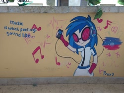 Size: 1600x1200 | Tagged: safe, artist:avizo-23, dj pon-3, vinyl scratch, equestria girls, earbuds, graffiti, humanized, ipod, irl, mp3 player, photo, quote, solo