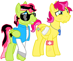 Size: 765x644 | Tagged: safe, artist:thefanficfanpony, oc, oc only, oc:ace, pegasus, pony, flutter brutter, bandaged wing, clothes, duo, fluttershy's brother (fanon), harsher in hindsight, jacket, male, simple background, stallion, sunglasses, white background