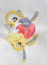 Size: 2234x3051 | Tagged: safe, artist:beetrue, applejack, earth pony, pony, hammer, high res, mjölnir, solo, tail hold, thor, traditional art, war hammer