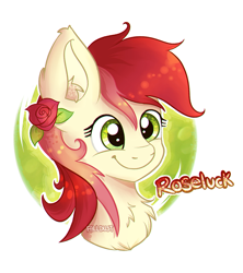 Size: 800x900 | Tagged: safe, artist:falldust, roseluck, bust, chest fluff, ear fluff, flower, flower in hair, simple background, solo, watermark, white background