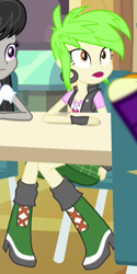 Size: 262x525 | Tagged: safe, screencap, brawly beats, cherry crash, octavia melody, equestria girls, rainbow rocks, battle of the bands, boots, cherry, clothes, cropped, ear piercing, earring, fingerless gloves, food, gloves, high heel boots, jewelry, piercing