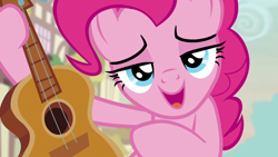 Size: 1280x720 | Tagged: safe, screencap, pinkie pie, earth pony, pony, honest apple, guitar, lidded eyes, smiling, solo