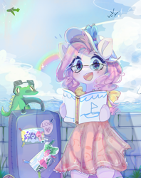 Size: 882x1112 | Tagged: safe, artist:windymils, gummy, pinkie pie, earth pony, pony, semi-anthro, bipedal, clothes, cloud, cute, diapinkes, dress, female, glasses, happy, implied mane six, looking at you, luggage, open mouth, plane, rainbow, sky, smiling, suitcase, travelling