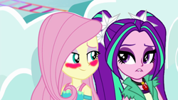 Size: 1920x1080 | Tagged: safe, artist:bigpurplemuppet99, edit, edited screencap, screencap, aria blaze, fluttershy, better together, equestria girls, rollercoaster of friendship, ariashy, blushing, female, flutterblaze, geode of fauna, lesbian, shipping