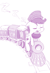 Size: 767x1100 | Tagged: safe, artist:dstears, scootaloo, pegasus, pony, cutie mark, female, filly, monochrome, purple, simple background, sleeping, solo, the cmc's cutie marks, train, white background, zzz