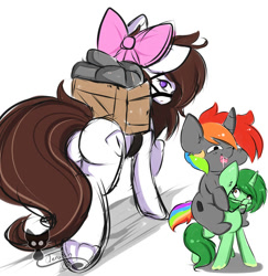 Size: 600x617 | Tagged: safe, artist:teranen, oc, oc only, oc:aggie, oc:krylone, oc:pisty, bow, box, bridle, frog (hoof), hair bow, kryggie, no pupils, plot, ponies riding ponies, rainbow hair, simple background, tack, underhoof, white background