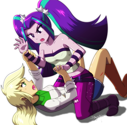 Size: 4069x4000 | Tagged: safe, artist:danmakuman, applejack, aria blaze, equestria girls, angry, boots, breasts, catfight, cleavage, clothes, commission, denim skirt, duo, fight, legs, midriff, open mouth, pants, pigtails, shoes, simple background, skirt, sports, thighs, transparent background, tube top, twintails, wrestling