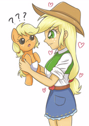 Size: 2893x4092 | Tagged: safe, artist:sumin6301, applejack, earth pony, pony, equestria girls, age difference, baby, baby applejack, baby pony, babyjack, belt, clothes, confused, cowboy hat, cute, denim skirt, diaper, female, filly, foal, freckles, hat, high res, holding a pony, human ponidox, jackabetes, looking at each other, self ponidox, skirt, stetson