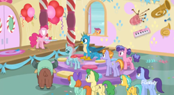 Size: 1916x1047 | Tagged: safe, screencap, auburn vision, berry blend, berry bliss, citrine spark, fire quacker, gallus, huckleberry, november rain, ocellus, peppermint goldylinks, pinkie pie, scootaloo, yona, changedling, changeling, earth pony, griffon, pony, yak, marks for effort, bagpipes, balloon, cupcake, dessert, food, french horn, friendship student, horn, keyboard, musical instrument, school of friendship, tuba