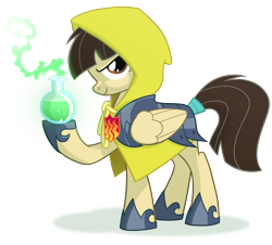 Size: 2100x1900 | Tagged: safe, artist:equestria-prevails, wild fire, pegasus, pony, alchemist, alchemy, armor, badge, female, flask, game of thrones, hood, mare, profile, pun, simple background, smiling, smirk, solo, transparent background