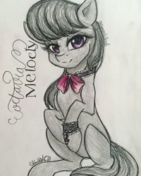 Size: 2104x2629 | Tagged: safe, artist:fanaticpanda, octavia melody, earth pony, pony, bowtie, choker, female, looking at you, mare, signature, simple background, sitting, smiling, solo, traditional art, white background, wristband