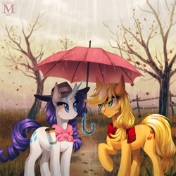 Size: 1200x1200 | Tagged: safe, artist:margony, applejack, rarity, earth pony, pony, unicorn, autumn, coffee, eye contact, female, glowing horn, grass, lesbian, looking at each other, magic, mare, rain, rarijack, scenery, shipping, smiling, telekinesis, tree, umbrella