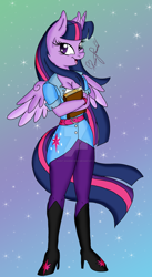 Size: 1024x1871 | Tagged: safe, artist:pvrii, derpibooru import, twilight sparkle, twilight sparkle (alicorn), alicorn, anthro, book, clothes, solo, watermark