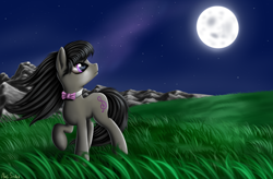 Size: 3800x2500 | Tagged: safe, artist:pony-stark, octavia melody, earth pony, pony, beautiful, draw this again, field, full moon, moon, mountain, night, paint tool sai, redraw, solo, windswept mane