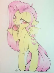 Size: 1280x1707 | Tagged: safe, artist:angelface2006, fluttershy, bat pony, apple, bipedal, female, flutterbat, food, lidded eyes, mare, open mouth, race swap, solo, spread wings, wings