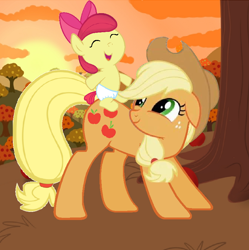 Size: 798x800 | Tagged: safe, artist:beavernator, apple bloom, applejack, earth pony, pony, adorabloom, baby, baby apple bloom, baby pony, cute, female, foal, orchard, ponies riding ponies, sisters, tree