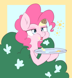 Size: 1909x2048 | Tagged: safe, artist:akainu_pony, pinkie pie, earth pony, pony, marks for effort, bush, eating, female, food, mare, messy, solo