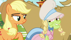 Size: 1280x720 | Tagged: safe, screencap, applejack, bessie, granny smith, cow, earth pony, pony, it isn't the mane thing about you, bonnet, clothes, dress, eye contact, female, grin, lidded eyes, looking at each other, mare, raised hoof, smiling, wig