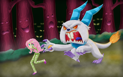 Size: 3355x2109 | Tagged: safe, artist:lifesharbinger, part of a set, angel bunny, fluttershy, do princesses dream of magic sheep, equestria girls, anger bunny, clothes, equestria girls interpretation, forest, monster, nightmare, open mouth, pajamas, pants, running, scene interpretation, tongue out