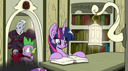 Size: 1800x1002 | Tagged: safe, artist:reiduran, derpibooru import, spike, twilight sparkle, dragon, armor, book, crossed arms, crossover, cute, daedric armor, divayth fyr, frown, lantern, library, morrowind, reading, smiling, the elder scrolls, wide eyes