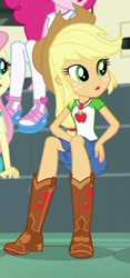 Size: 232x497 | Tagged: safe, screencap, applejack, fluttershy, pinkie pie, better together, equestria girls, overpowered (equestria girls), applejack's hat, boots, clothes, cowboy boots, cowboy hat, female, geode of super strength, hat, shoes, skirt